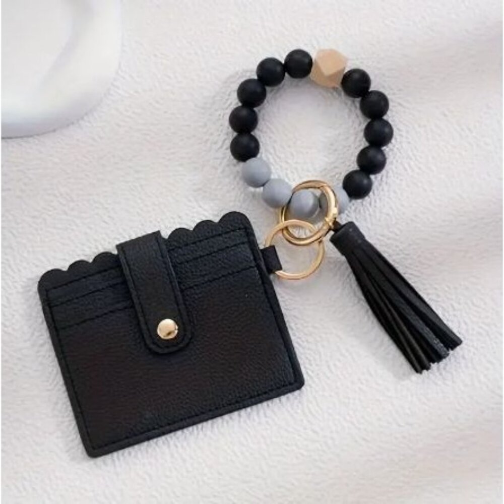 Black Scalloped Cardholder With Beaded Tassel Keychain‎ Wallet Wristlet NEW